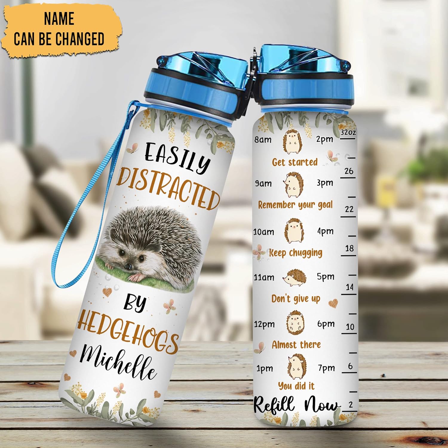 Hedgehog Lovers Water Bottle Tracker 32oz – Personalized Hydration Bottle with Time Marker – Cute Gift for Animal Lovers