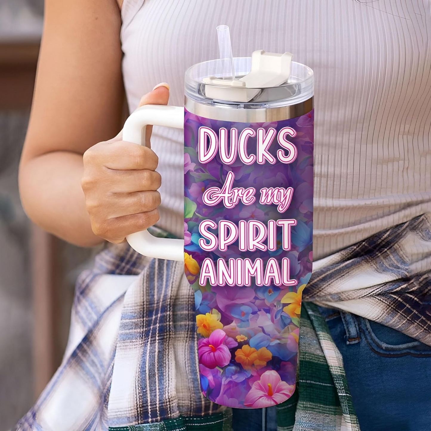 Duck Lover Tumbler 40oz with Handle & Straw – Personalized Stainless Steel Insulated Travel Cup with Lid – Cute Farm Animal Gift for Birthday & Holidays