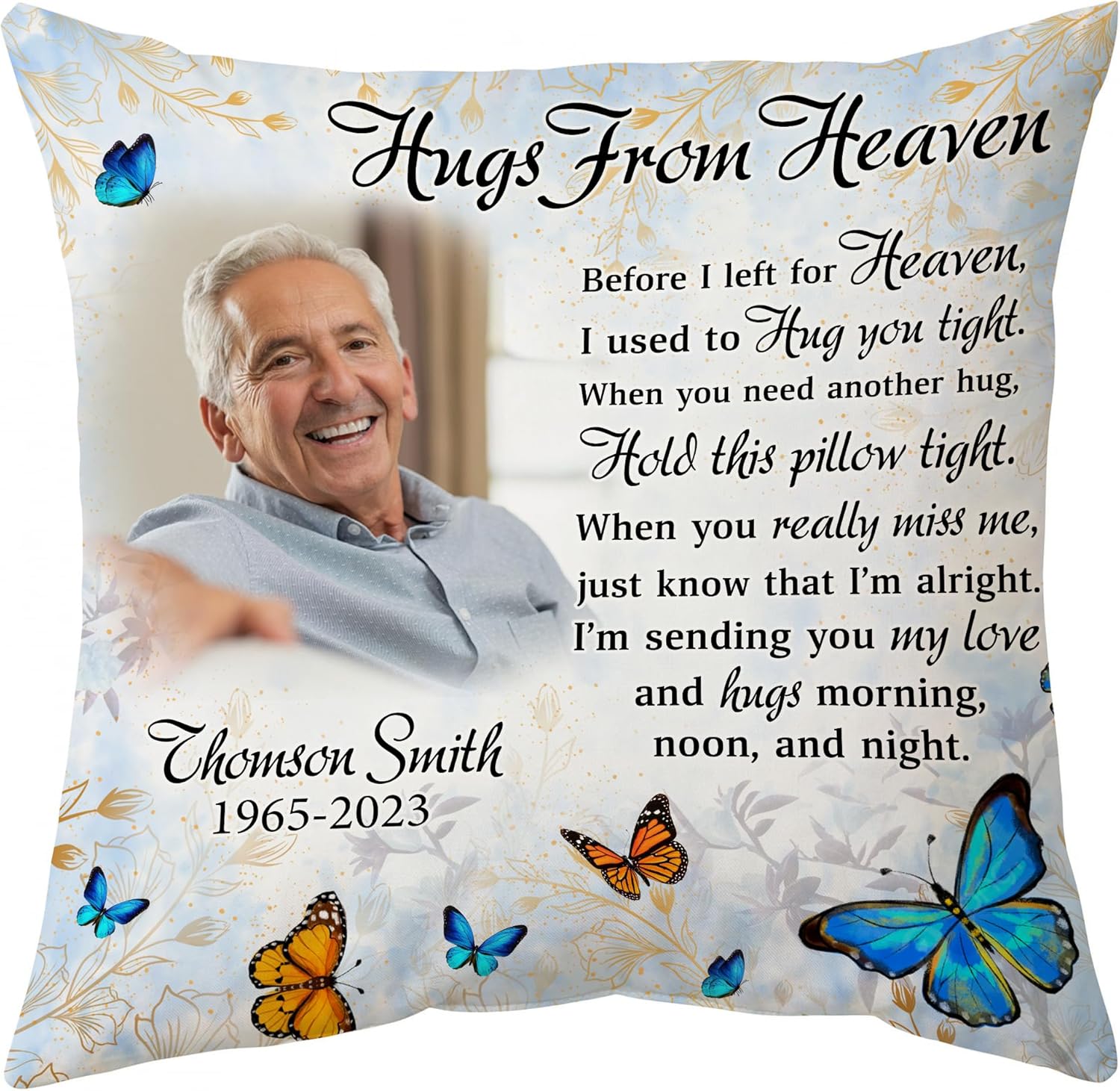 Personalized “Hugs from Heaven” Memorial Pillow with Insert – Custom Photo Remembrance Gift – Bereavement Throw Pillow