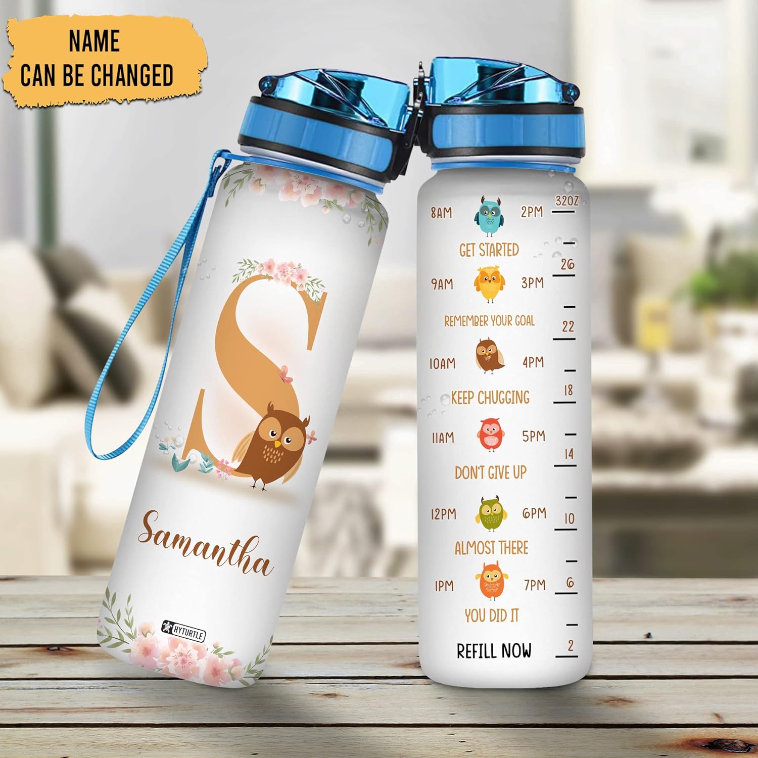 Cute Owl Water Bottle Tracker 32oz – Personalized Hydration Bottle with Time Marker – Unique Gift for Women & Girls