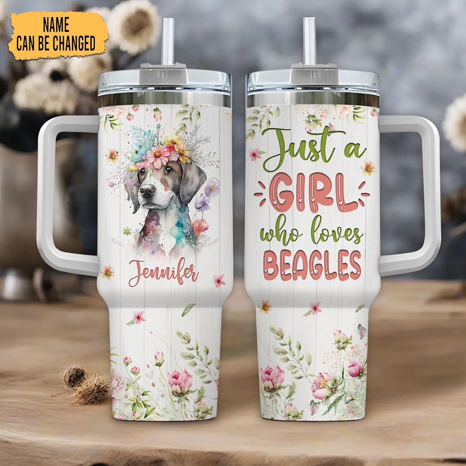 Beagle Dog Lover Tumbler 40oz – Personalized Stainless Steel Insulated Cup with Handle & Straw, Watercolor Floral Design – Heartfelt Gift for Women & Girls