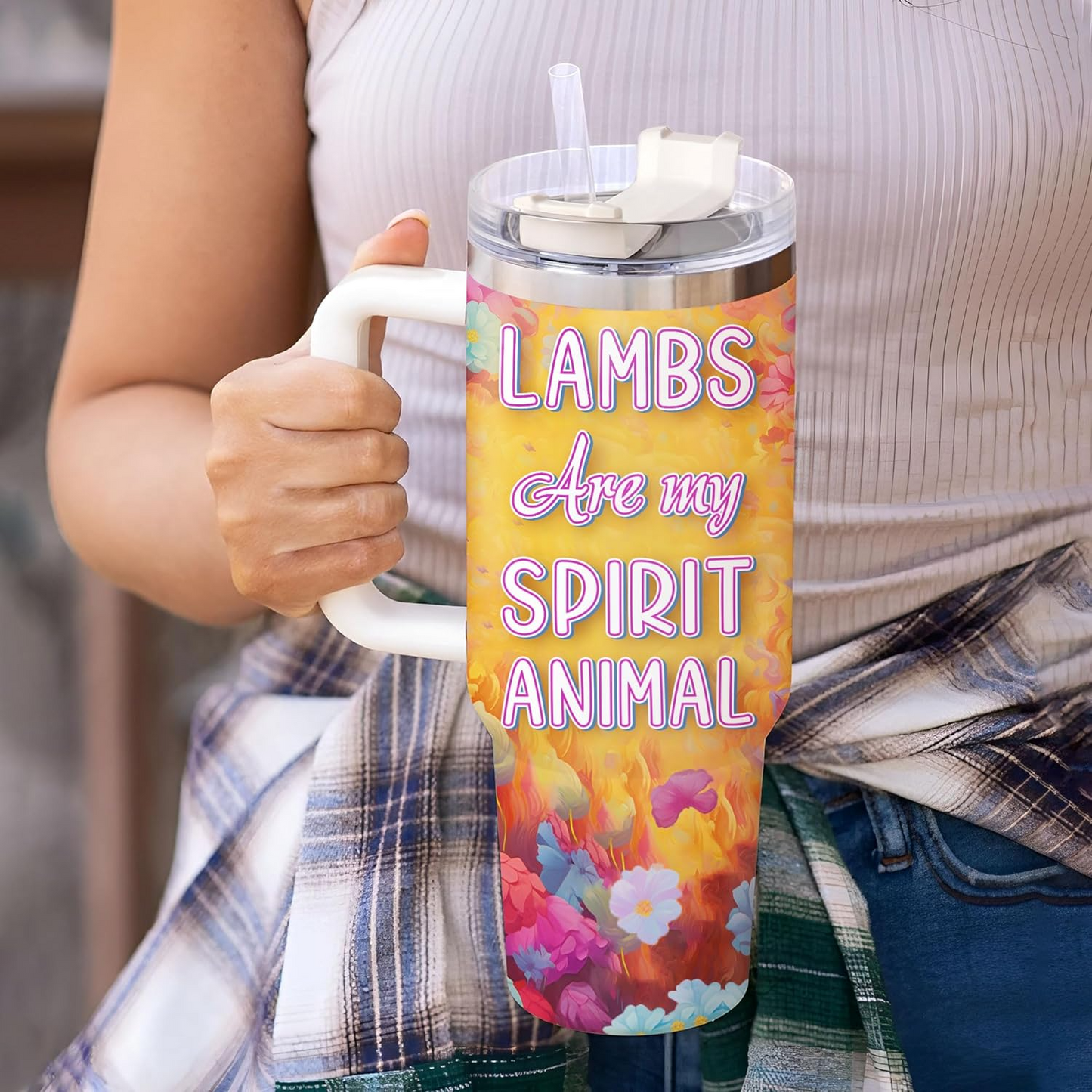 Cute Lamb Spirit Animal Tumbler 40oz – Personalized Stainless Steel Insulated Cup with Handle & Straw – Unique Gift for Sheep Lovers