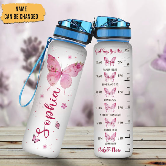 Christian Butterfly Water Bottle Tracker 32oz – Personalized Motivational Bottle with Time Marker – Inspirational Gift for Faith & Butterfly Lovers
