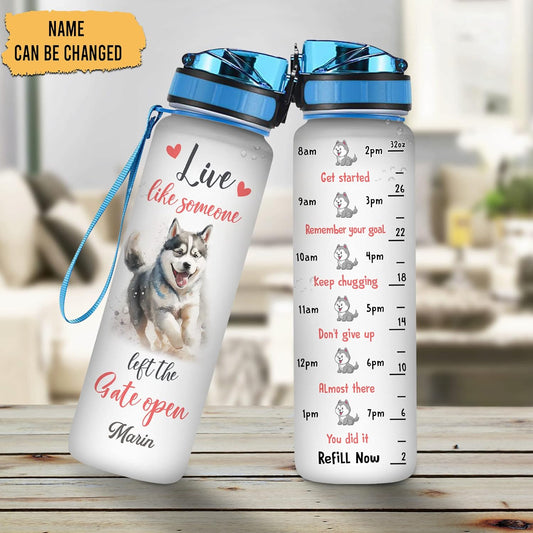 Husky Dog Water Bottle Tracker 32oz – Personalized Motivational Tritan Plastic Bottle with Time Marker – Unique Gift for Dog Lovers
