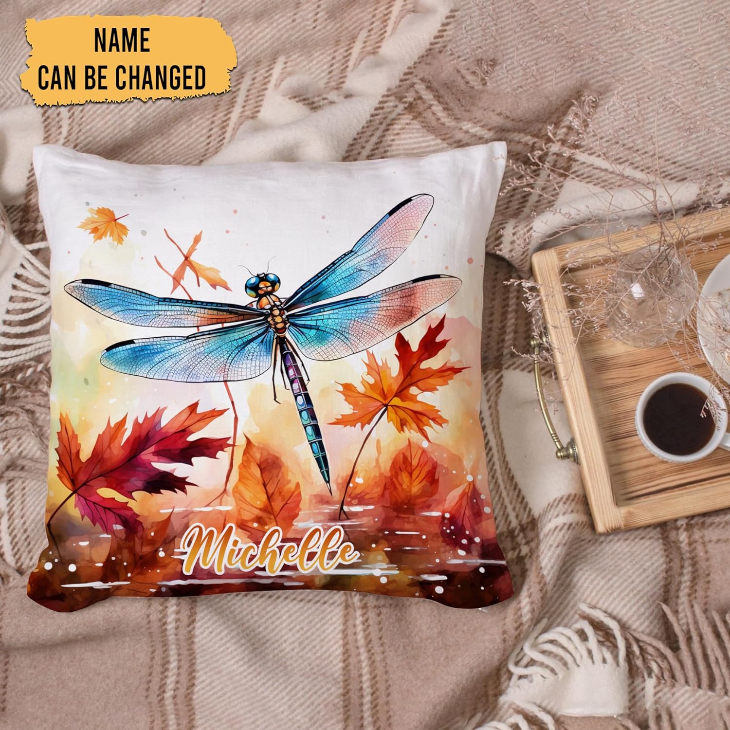 Dragonfly Maple Leaves - Personalized Pillow (Insert Included)