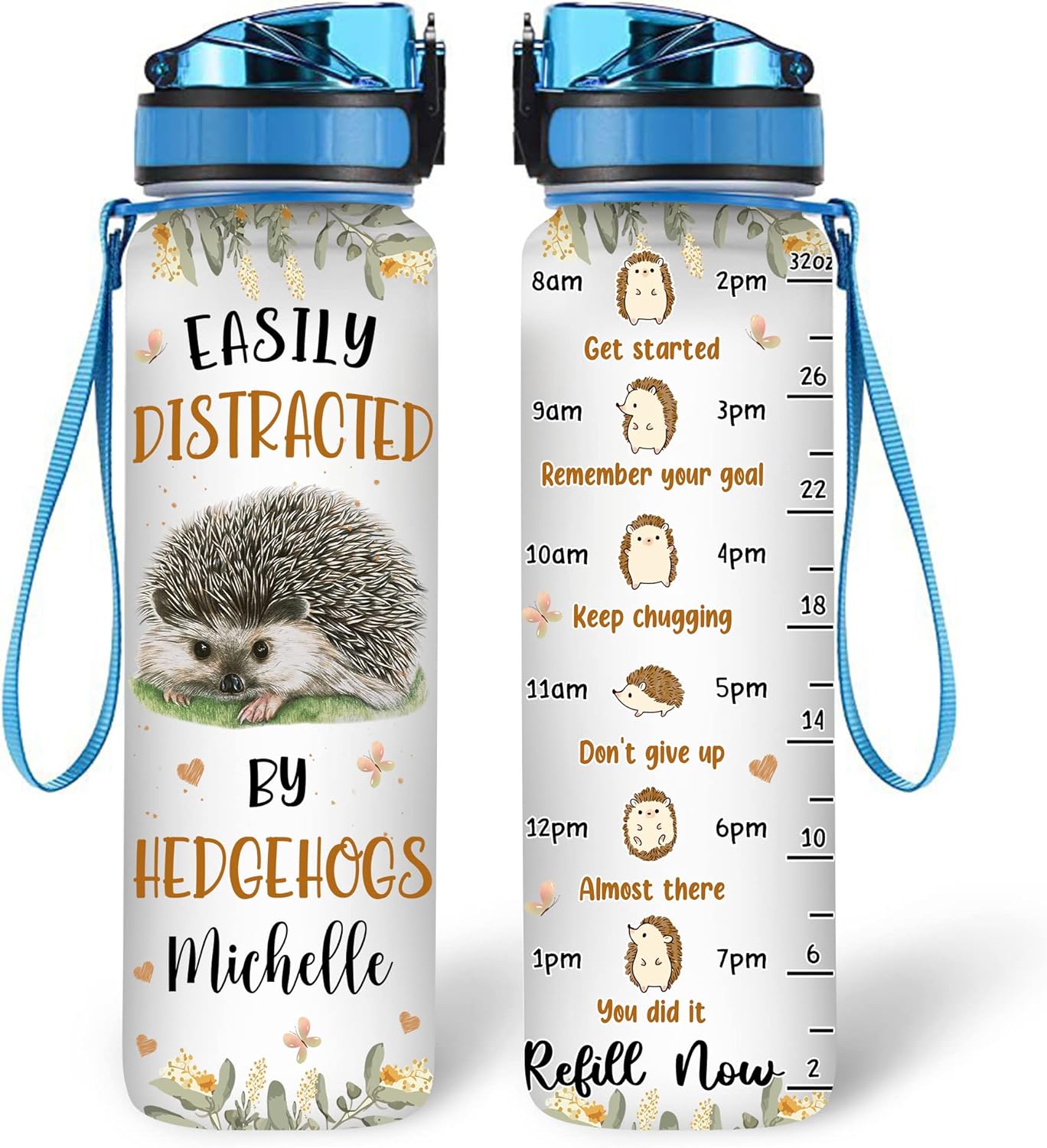 Hedgehog Lovers Water Bottle Tracker 32oz – Personalized Hydration Bottle with Time Marker – Cute Gift for Animal Lovers