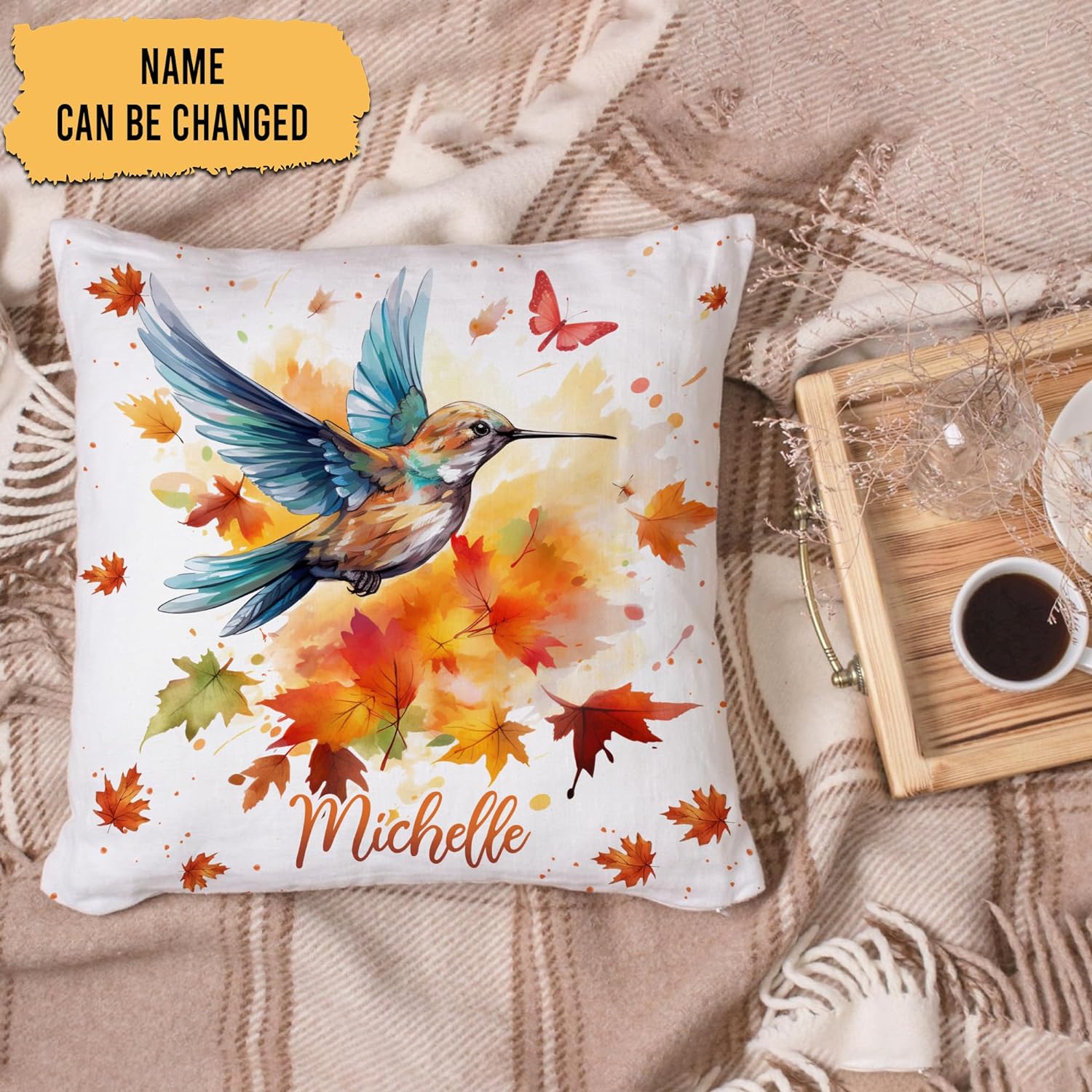 Hummingbird Maple Leaves - Personalized Pillow (Insert Included)