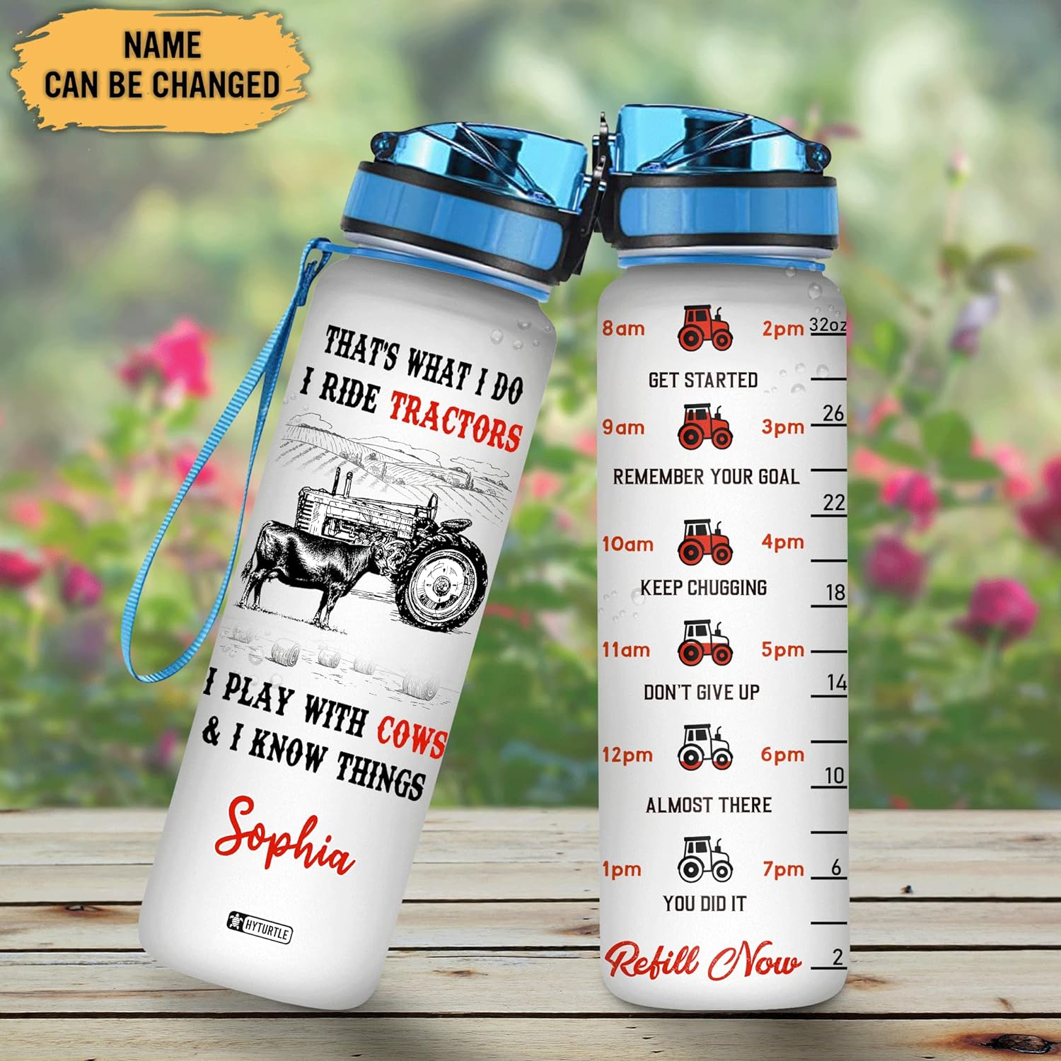 Tractor & Cow Theme Water Bottle Tracker 32oz – Personalized Motivational Hydration Bottle – Fun Gift for Farm Lovers
