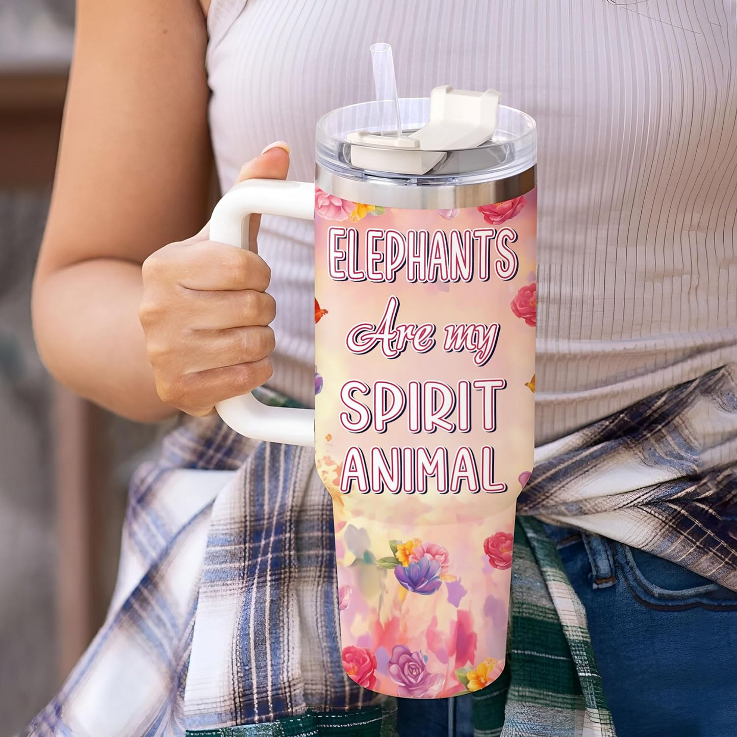 Elephant Lover Tumbler 40oz with Handle & Straw – Personalized Stainless Steel Insulated Cup with Lid – Unique Birthday Gift for Women & Girls