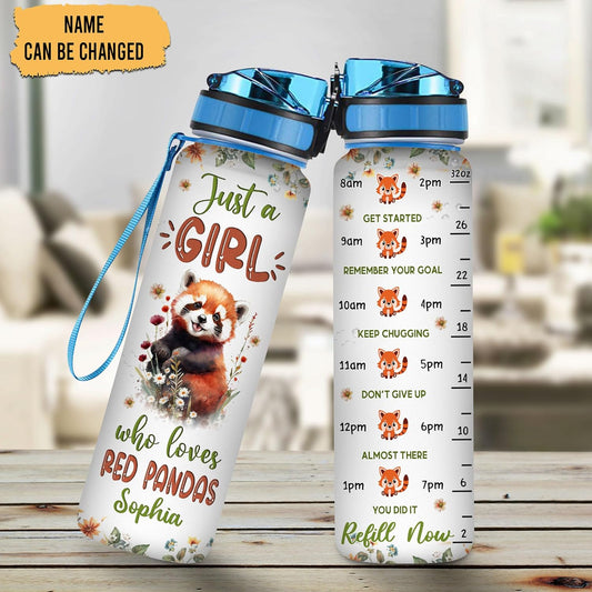 Red Panda Lovers Water Bottle Tracker 32oz – Personalized Motivational Bottle with Time Marker – Cute Gift for Animal Lovers