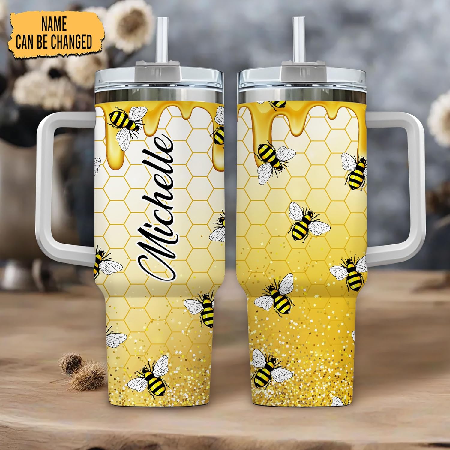 Honey Bee Tumbler 40oz with Handle & Straw – Personalized Stainless Steel Insulated Travel Cup with Lid – Creative Gift for Bee Lovers