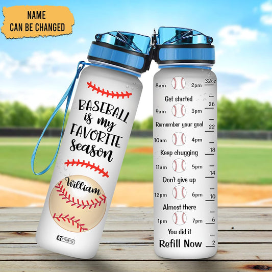Baseball Is My Favorite Season Water Bottle Tracker 32oz – Personalized Sports Hydration Bottle with Time Marker – Gift for Baseball Fans
