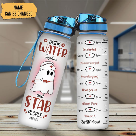 Funny Nurse Water Bottle Tracker 32oz – Personalized Motivational Tritan Plastic Bottle with Time Marker – Appreciation Gift for Nurses