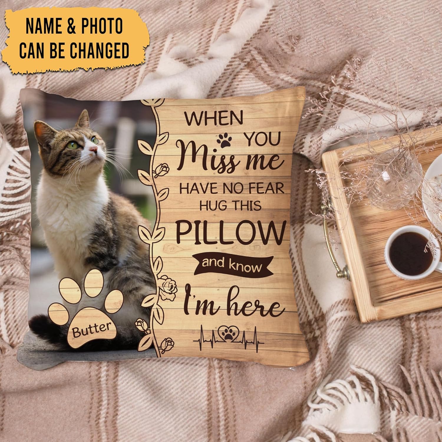 Custom “When You Miss Me” Pet Memorial Pillow with Insert – Personalized Cat or Dog Photo Sympathy Remembrance Pillow
