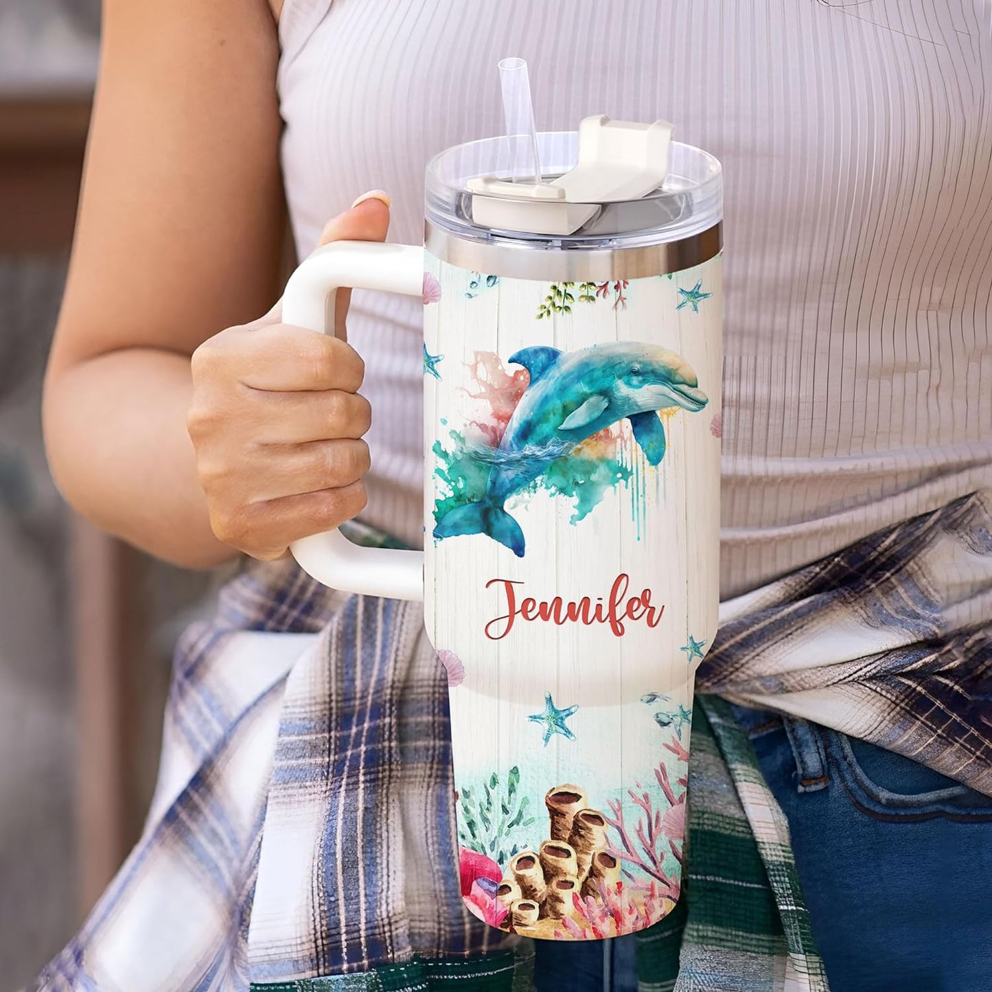 Watercolor Dolphin 40oz Tumbler with Handle & Straw – Personalized Stainless Steel Insulated Travel Cup with Lid – Unique Gift for Ocean Lovers