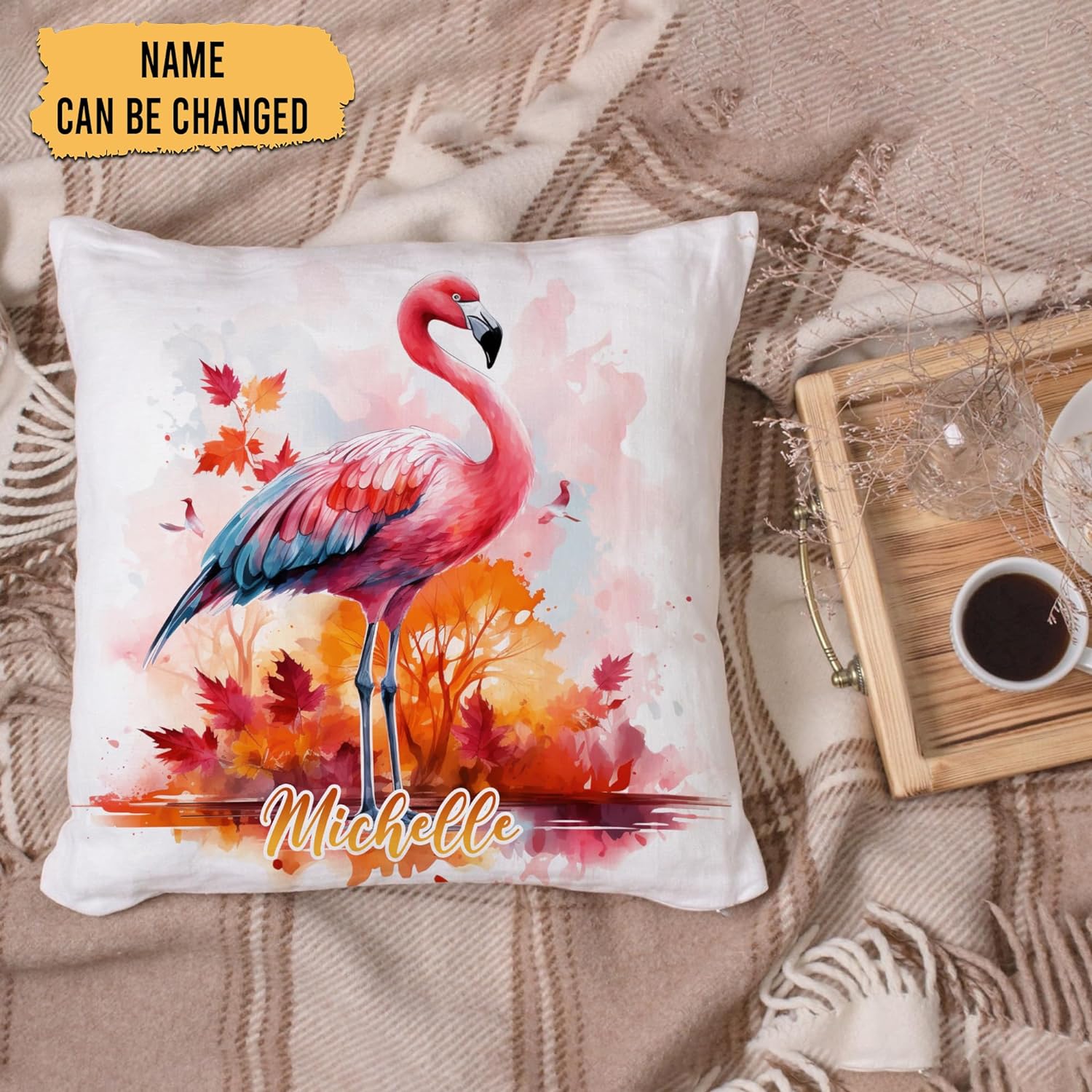 Flamingo Maple Leaves - Personalized Pillow (Insert Included)