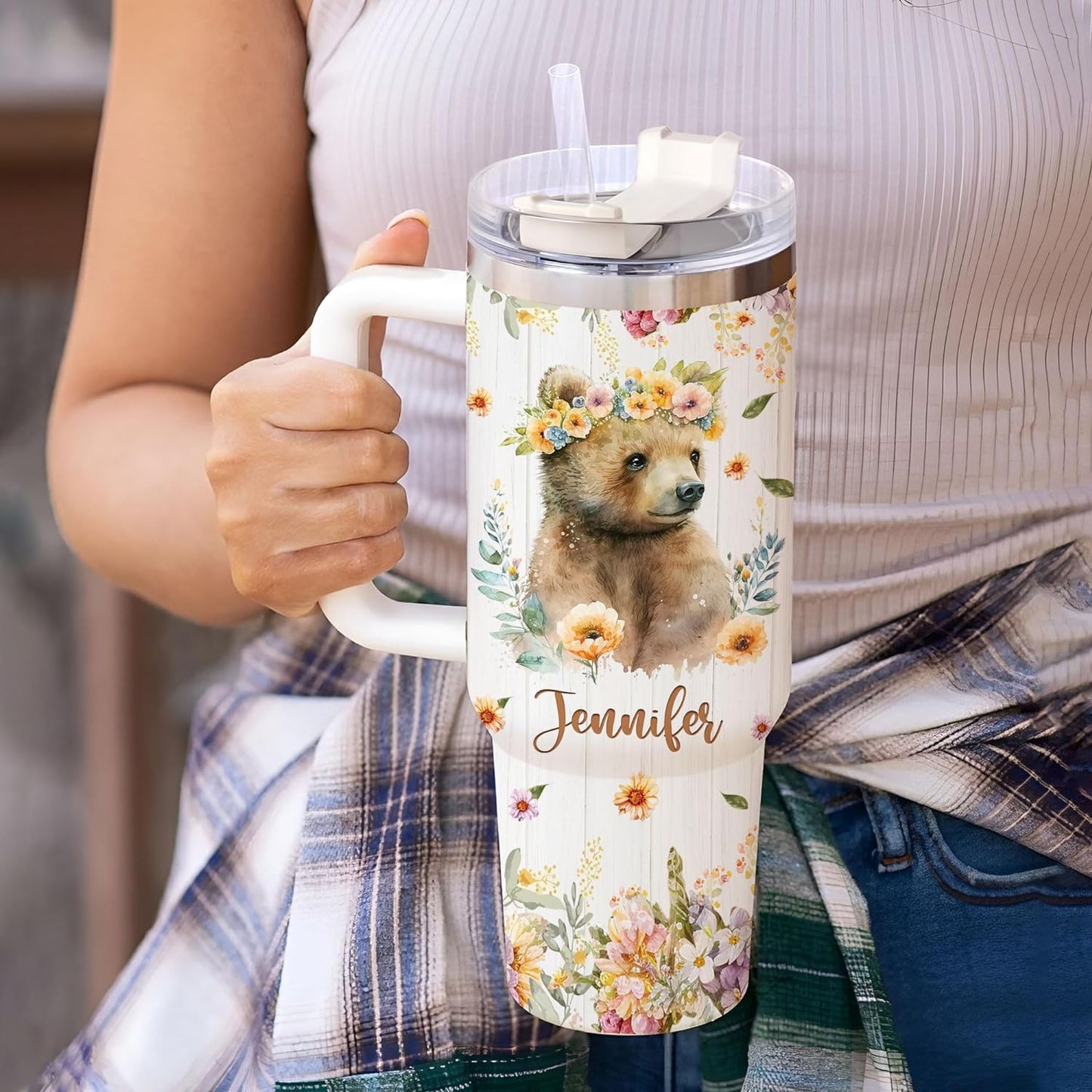 Bear Lover Tumbler 40oz – Personalized Stainless Steel Insulated Cup with Handle & Straw – Woodland Theme Travel Mug Gift for Women