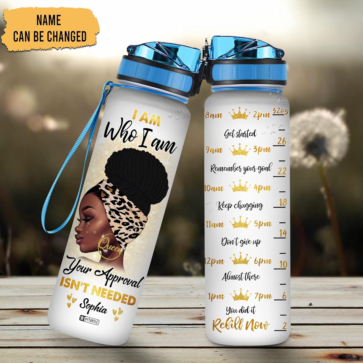 African American Queen Water Bottle Tracker 32oz – Personalized Motivational Bottle with Time Marker – Empowering Gift for Black Women