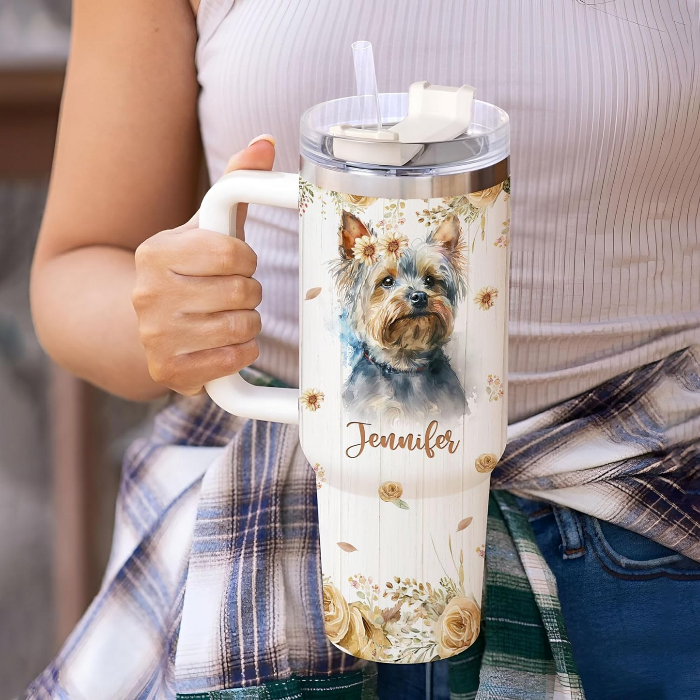 Yorkshire Terrier Lover Tumbler 40oz with Handle & Straw – Personalized Stainless Steel Insulated Cup with Lid – Unique Gift for Dog Moms