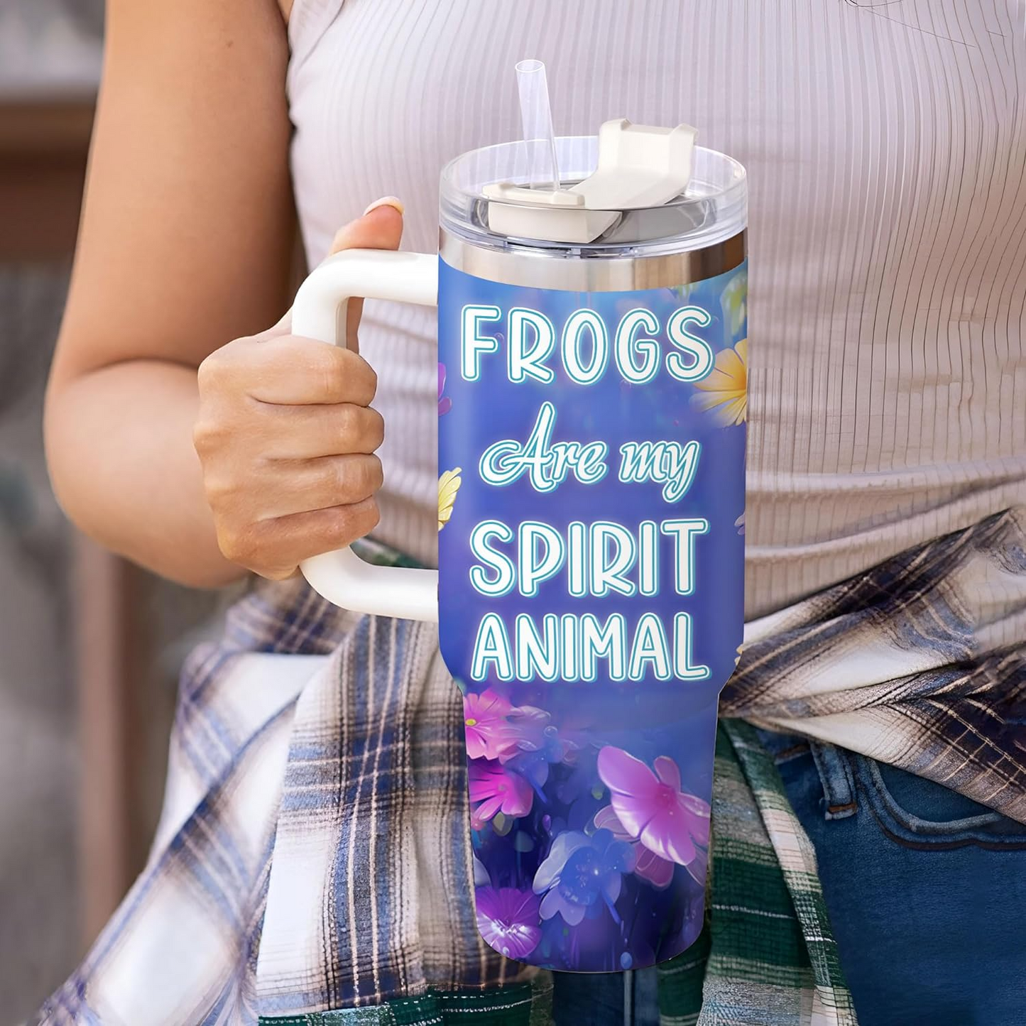 Colorful Frog Tumbler 40oz with Handle & Straw – Personalized Stainless Steel Cup with Lid – Cute Animal Lover Gift for Women & Kids