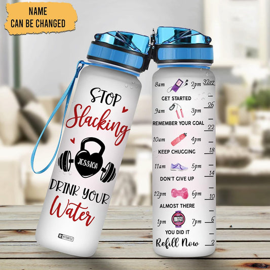 Stop Slacking Water Bottle Tracker 32oz – Personalized Fitness Daily Bottle with Time Marker – Motivational Gym Gift for Women