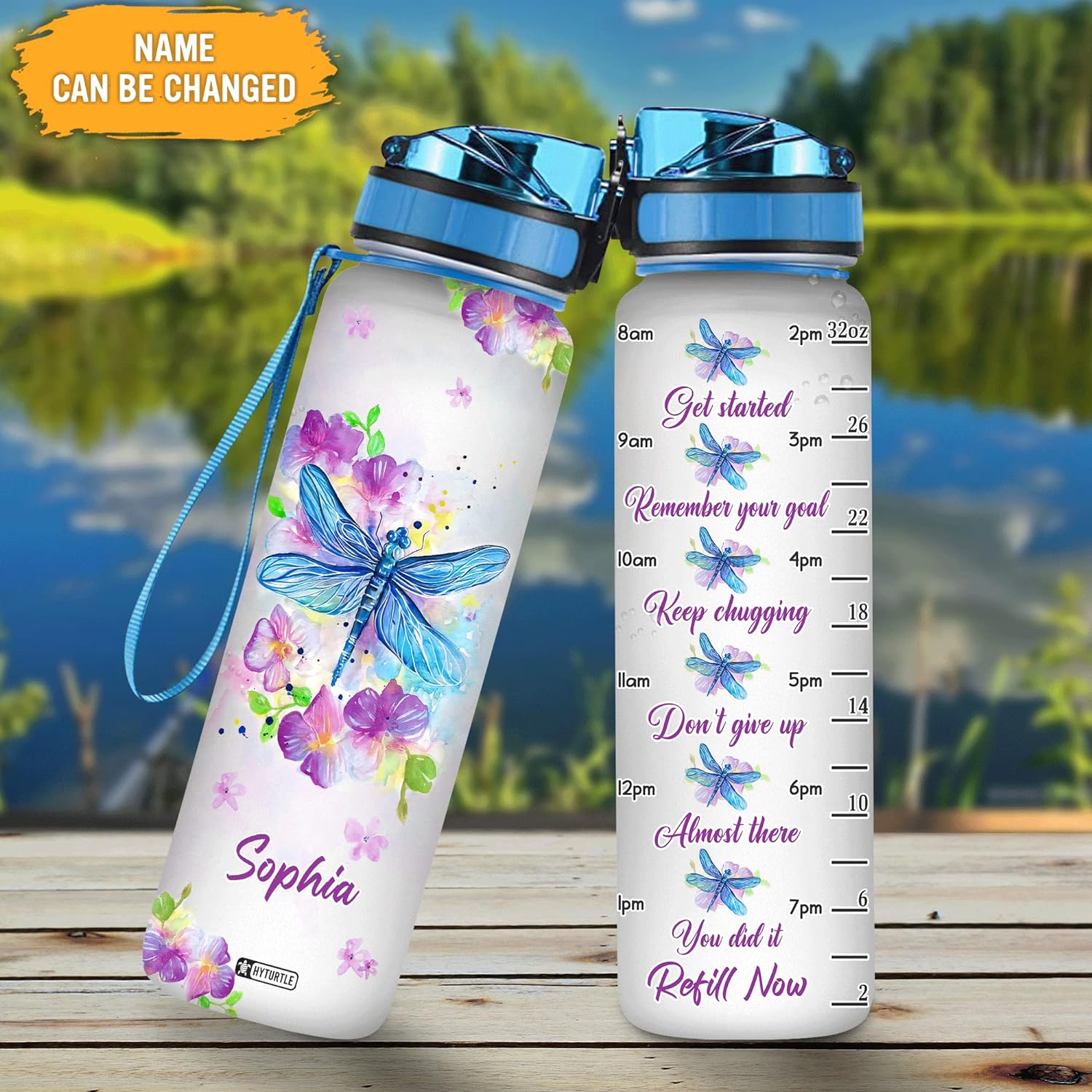 Dragonfly Flower Watercolor - Personalized Water Tracker Bottle 32oz