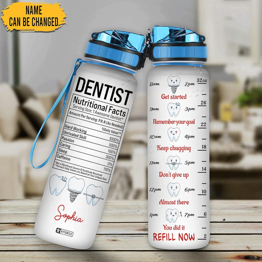 Dentist Nutritional Facts Water Bottle Tracker 32oz – Personalized Motivational Hydration Bottle with Time Marker – Unique Gift for Dentists & Dental Hygienists