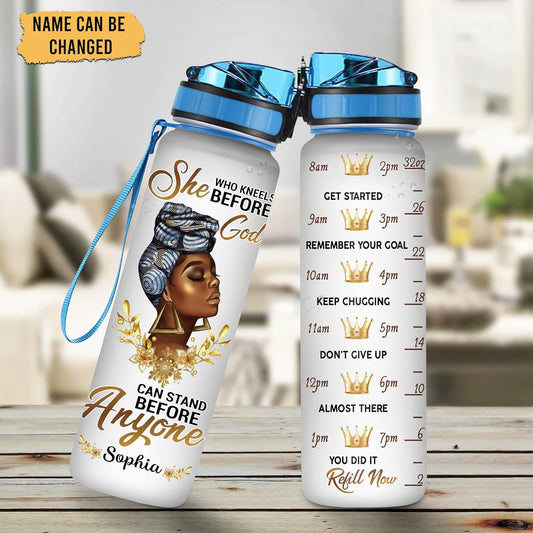 She Who Kneels Before God Water Bottle Tracker 32oz – Personalized Christian Gift for Black Women & Girls