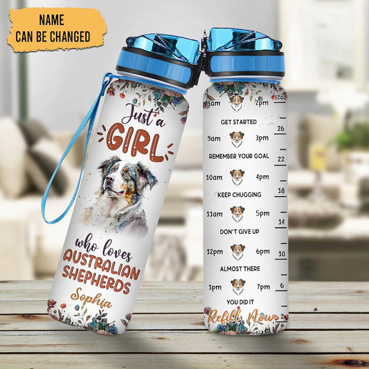 Australian Shepherd Lovers Water Bottle Tracker 32oz – Personalized Motivational Hydration Bottle with Time Marker – Unique Gift for Dog Moms on Birthday, Graduation