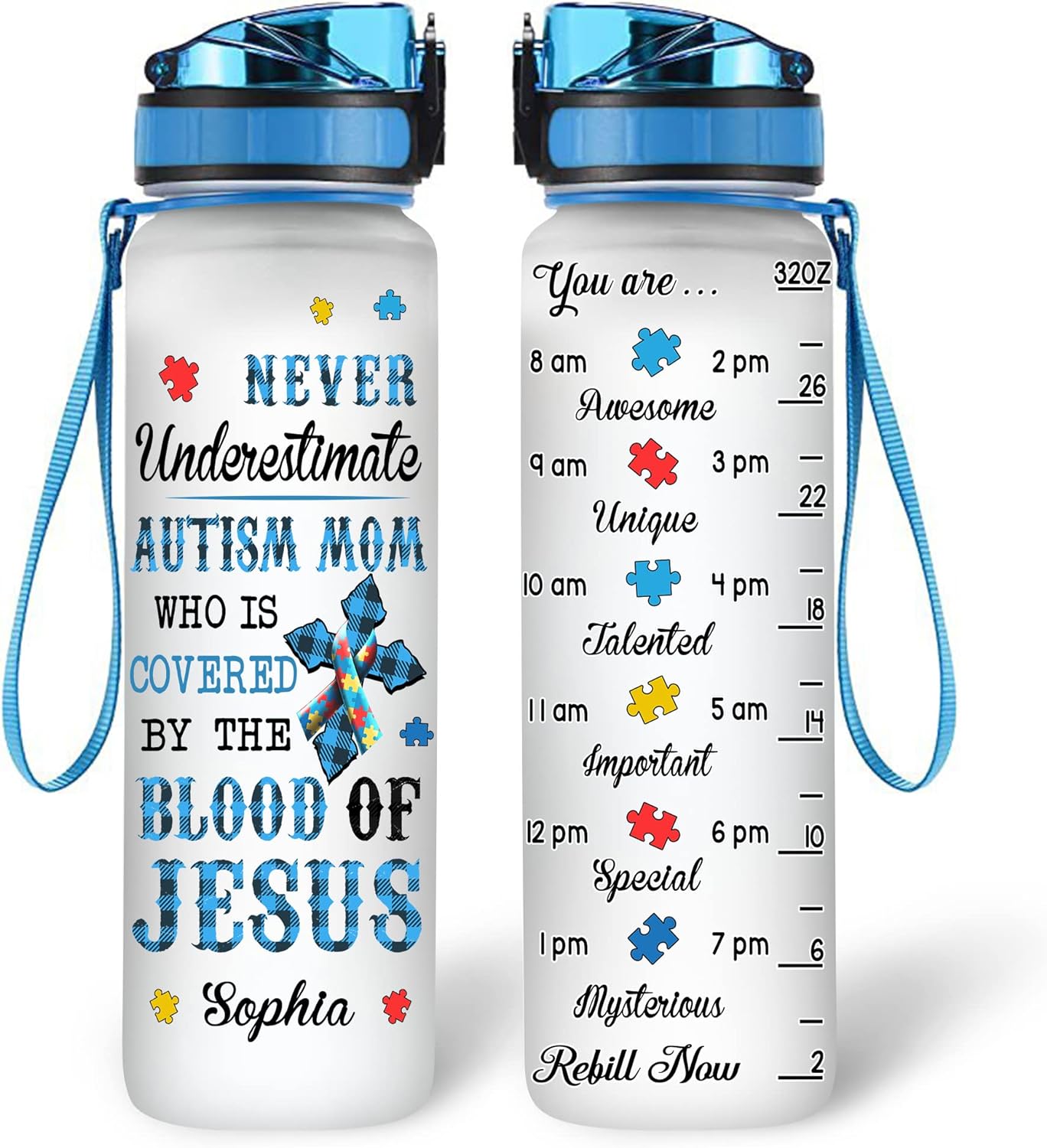 Autism Awareness Mom Cross Water Bottle Tracker 32oz – Personalized Motivational Hydration Bottle – Inspirational Gift for Strong Moms