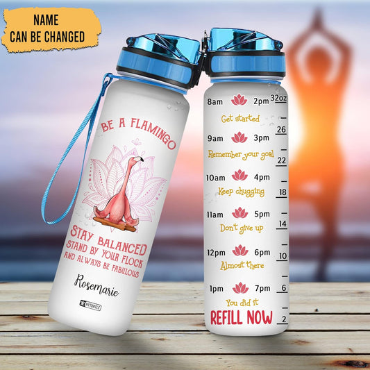 Flamingo Yoga Water Bottle Tracker 32oz Personalized – Motivational Daily Bottle with Time Marker – Unique Gift for Women