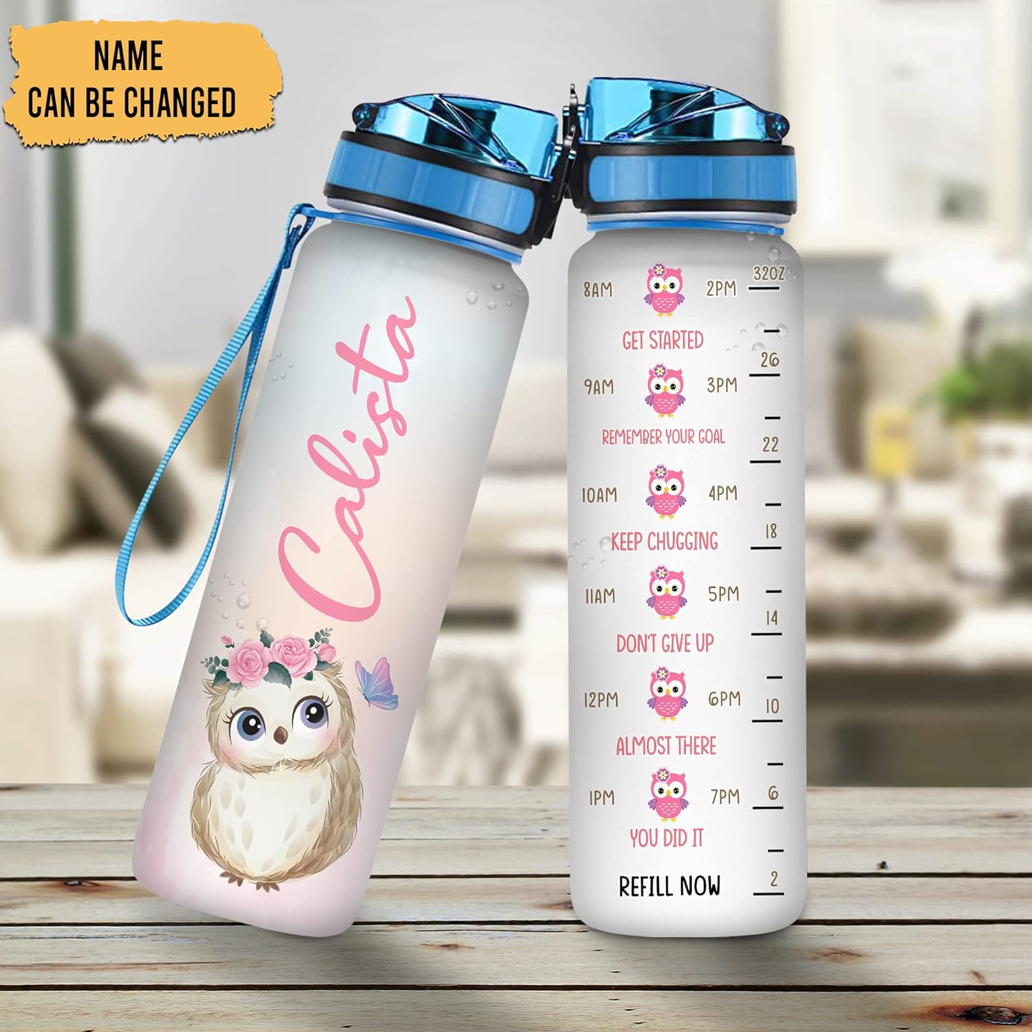 Owl & Flowers Water Bottle Tracker 32oz – Personalized Hydration Bottle with Time Marker – Creative Gift for Owl Lovers