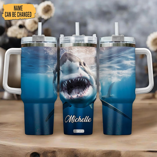 Great White Shark Tumbler 40oz – Personalized Stainless Steel Insulated Cup with Handle & Straw – Bold Gift for Shark Lovers