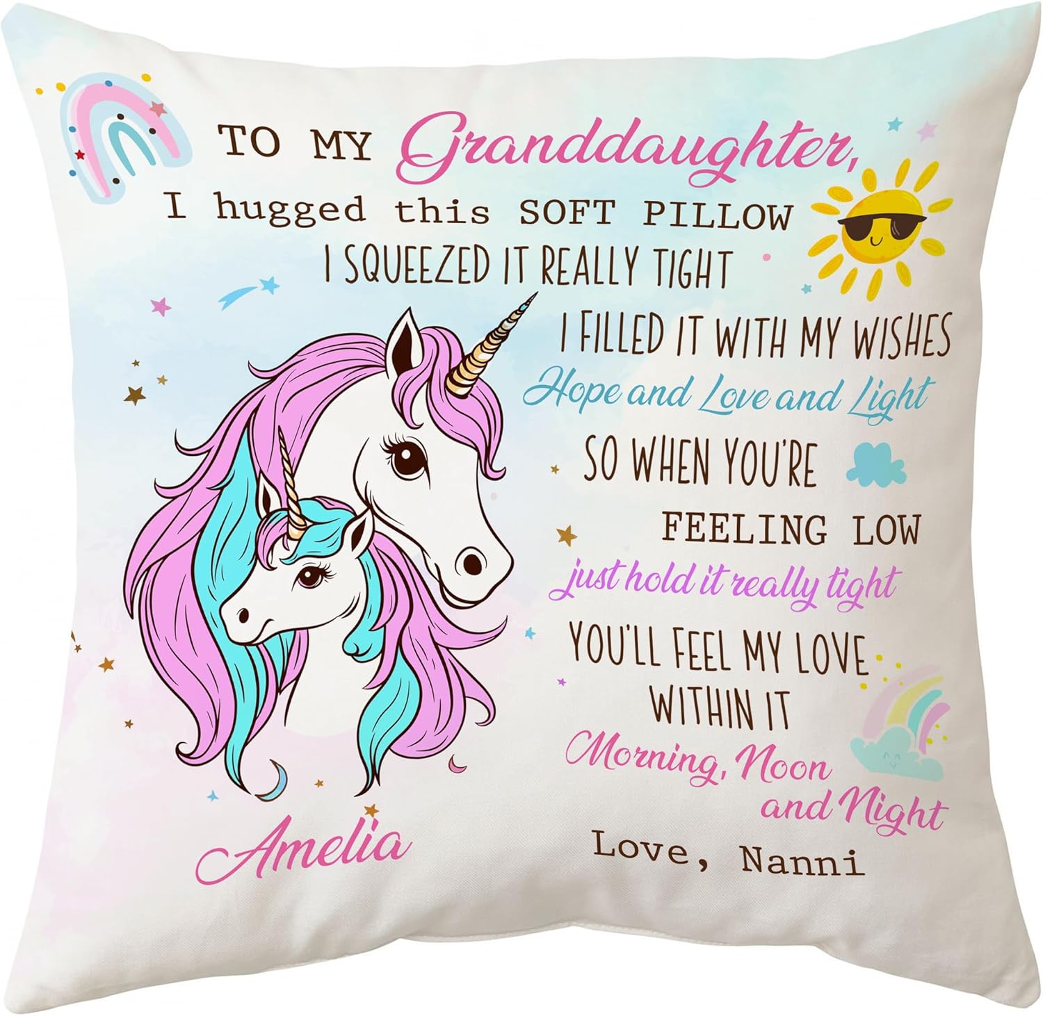 Personalized Unicorn Pillow with Insert – To My Granddaughter from Grandma – Custom Name Birthday or Graduation Gift