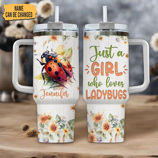 Ladybug Lover Tumbler 40oz with Handle & Straw – Personalized Stainless Steel Travel Mug with Lid – Cute Gift for Insect Lovers