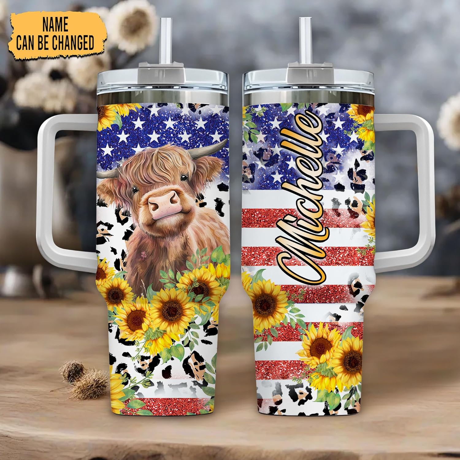 Highland Cow & Sunflower Tumbler 40oz with Handle & Straw – Personalized Stainless Steel Travel Cup with Lid – Cute Farm Animal Gift for Women