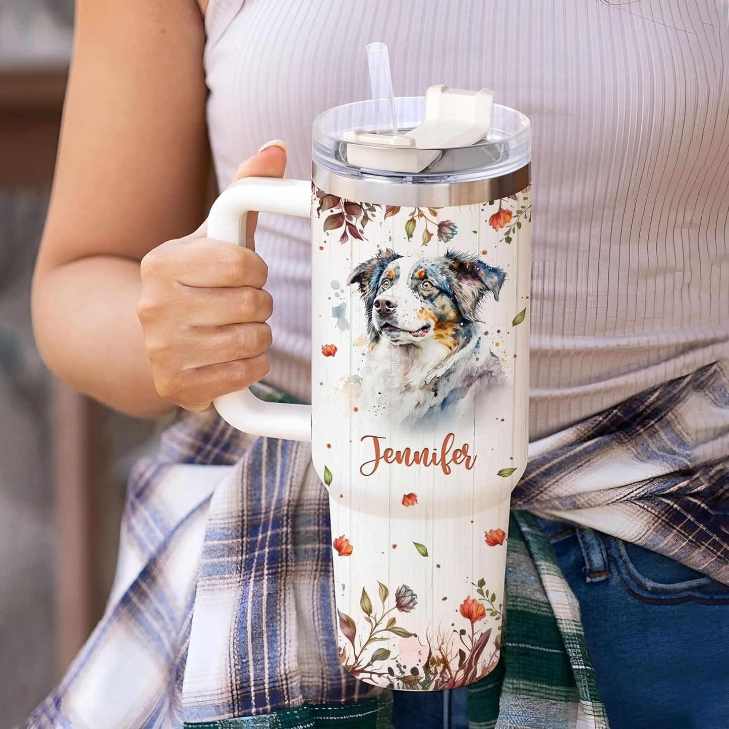 Australian Shepherd Lover Tumbler 40oz – Personalized Stainless Steel Travel Cup with Handle & Straw, Floral Dog Design – Unique Gift for Women & Girls