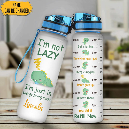 Cute Dinosaur Lazy Mode Water Bottle Tracker 32oz – Personalized Motivational Bottle with Time Marker – Fun Gift for Dino Lovers