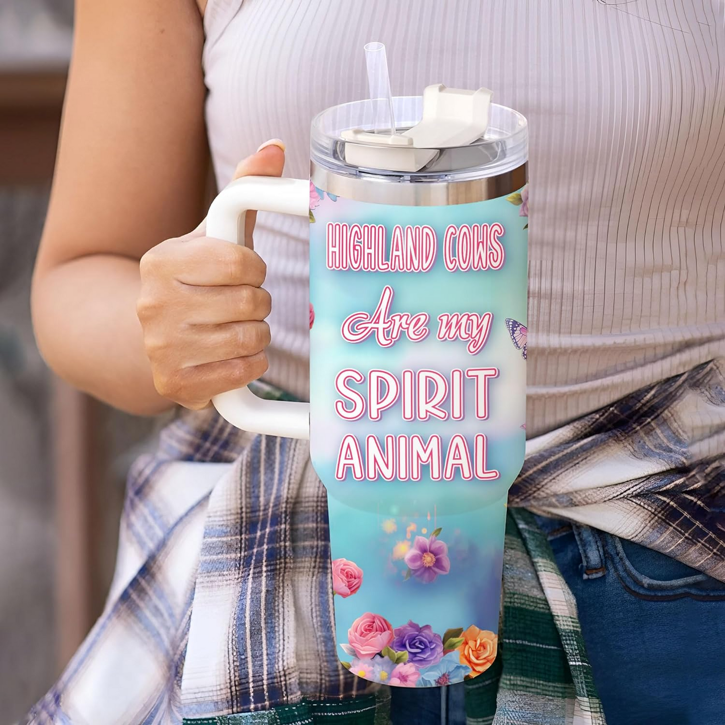 Highland Cow Lover Tumbler 40oz with Handle & Straw – Personalized Stainless Steel Insulated Cup with Lid – Cute Farm Animal Gift for Birthday or Christmas
