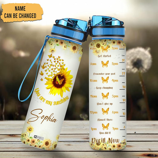 Sunflower Butterfly Water Bottle Tracker 32oz – Personalized Motivational Bottle with Time Marker – Thoughtful Gift for Women