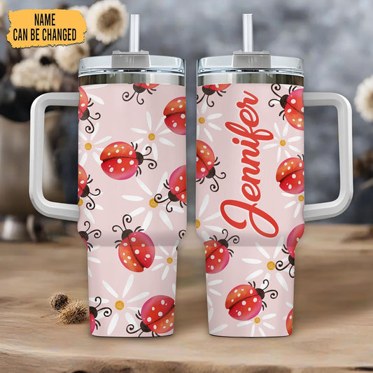 Ladybug Pattern Tumbler 40oz with Handle & Straw – Personalized Stainless Steel Insulated Cup with Lid – Cute Gift for Bug Lovers