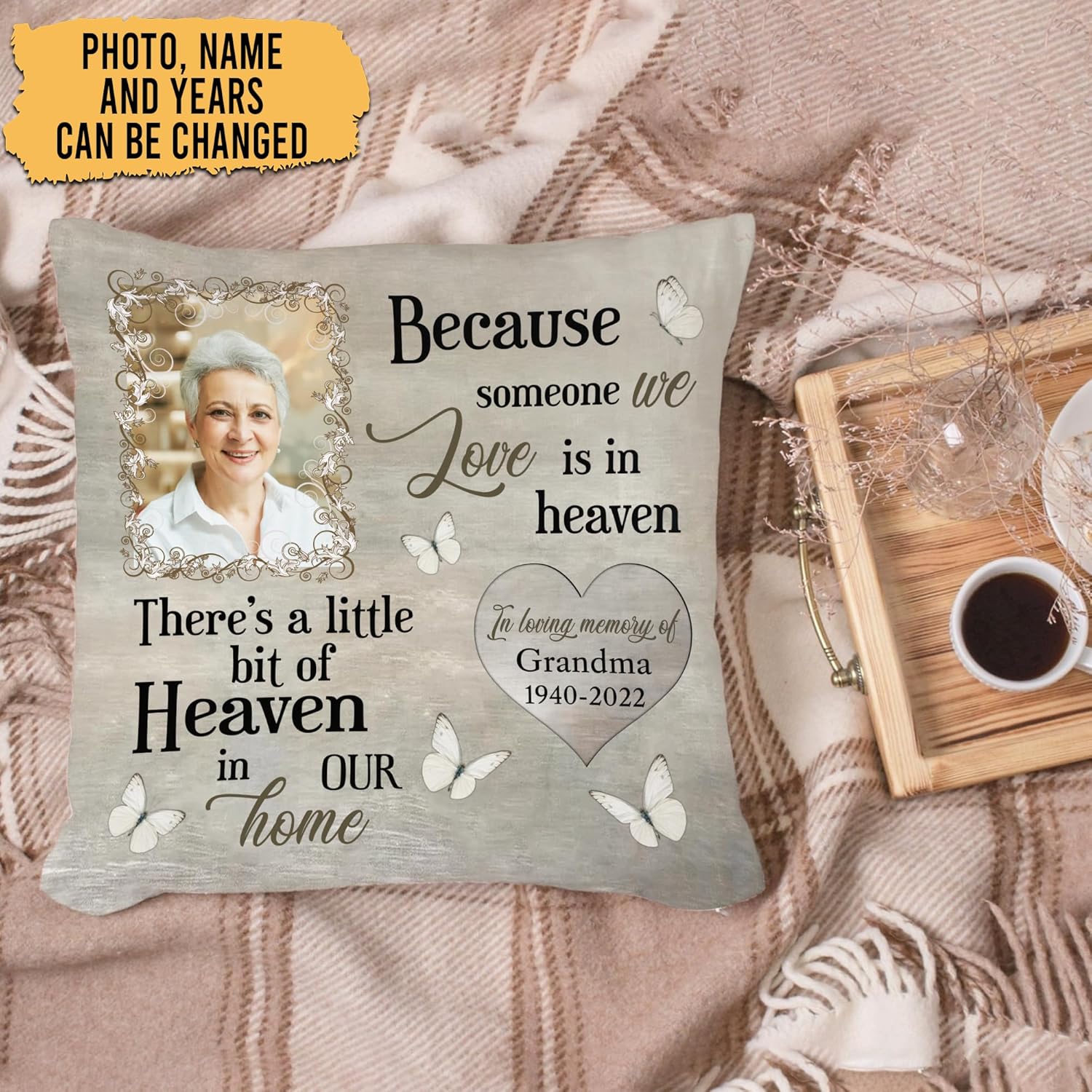 Because Someone We Love Is in Heaven – Personalized Memorial Pillow with Insert – Butterfly Remembrance Cushion Gift for Family and Friends