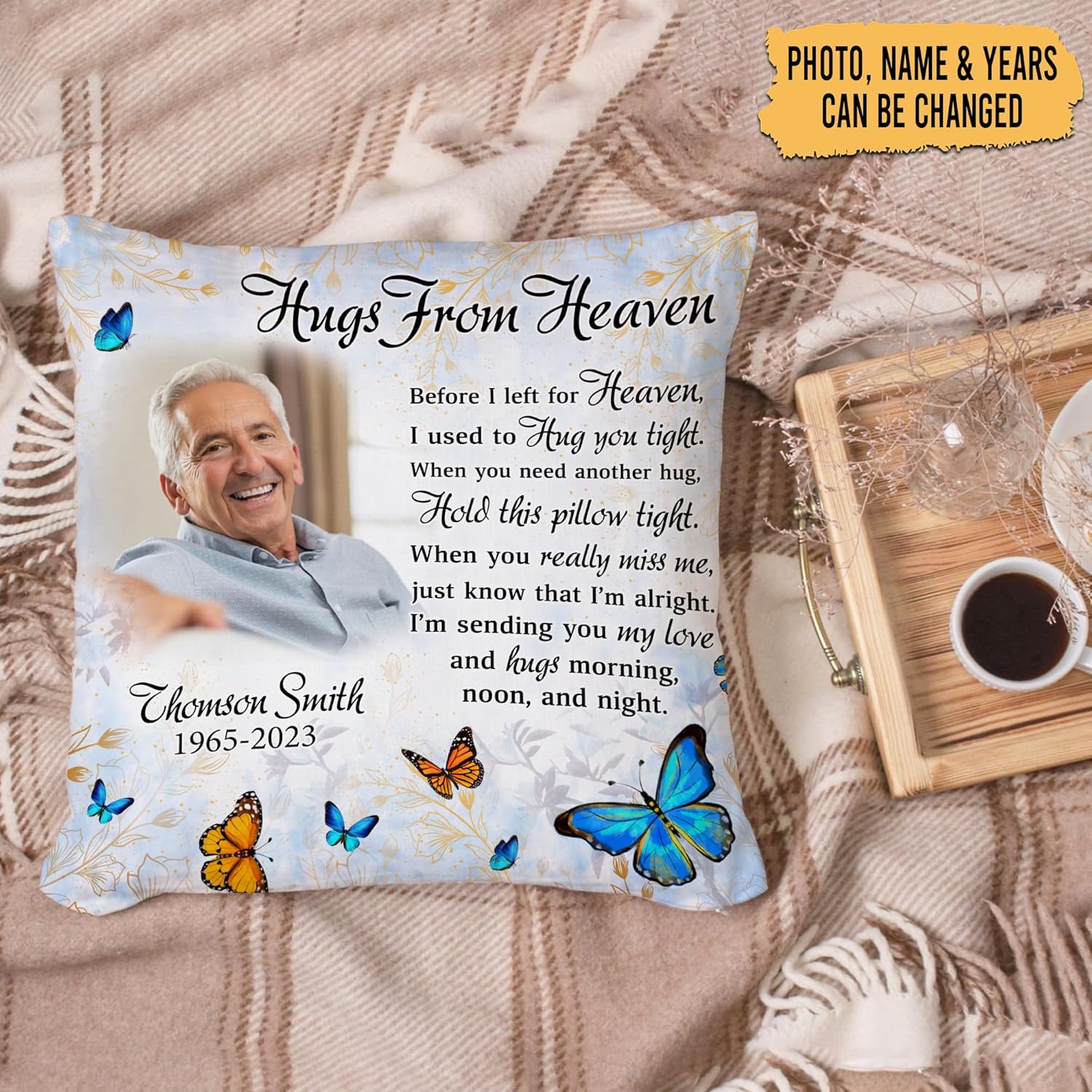Personalized “Hugs from Heaven” Memorial Pillow with Insert – Custom Photo Remembrance Gift – Bereavement Throw Pillow