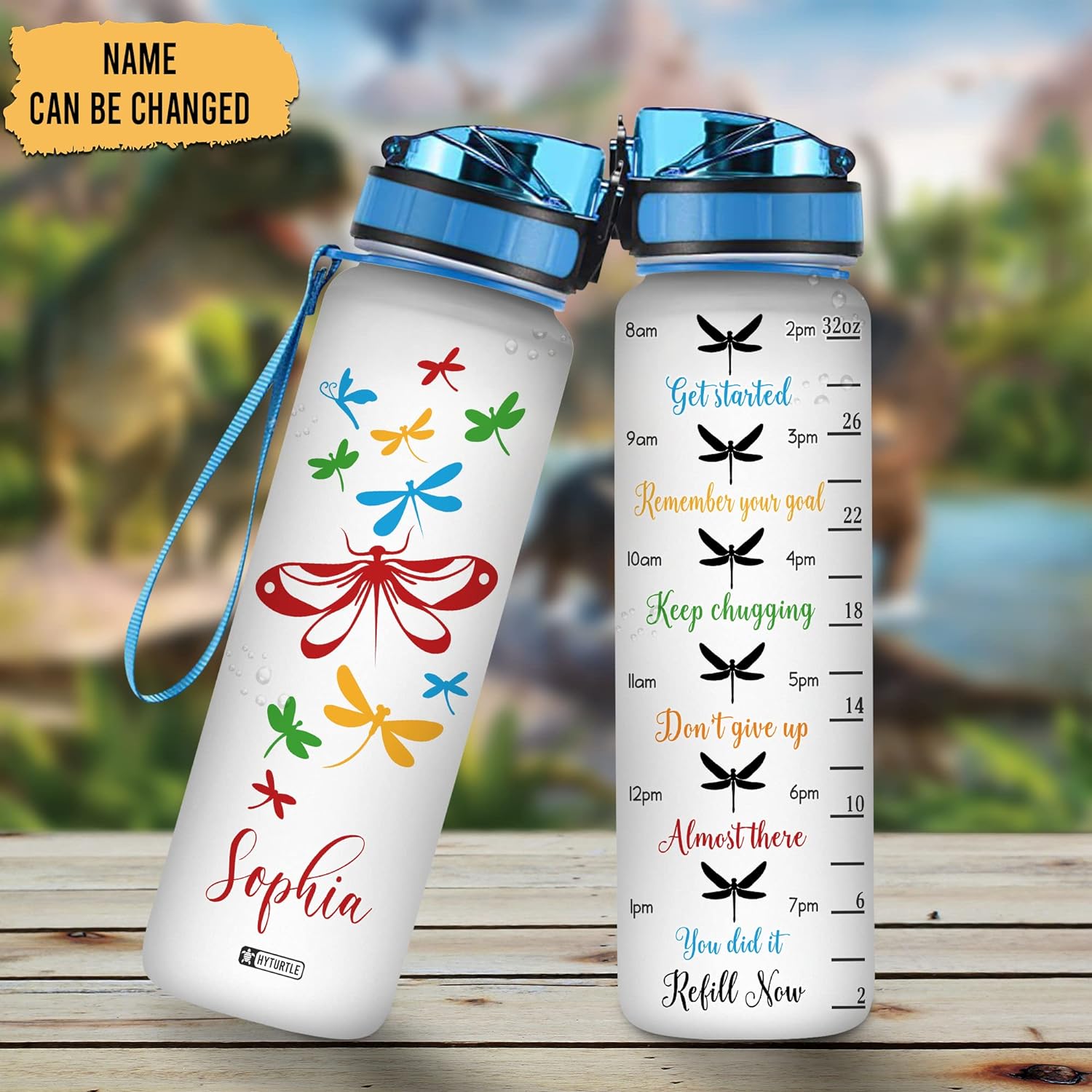 Dragonfly Floral Theme - Personalized Water Tracker Bottle 32oz