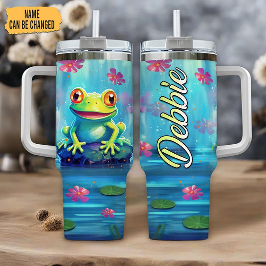 Frog Lover Tumbler 40oz with Handle & Straw – Personalized Stainless Steel Insulated Travel Cup with Lid – Cute Gift for Animal Lovers & Kids