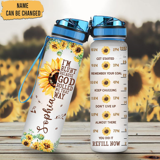 Sunflower Faith Quote Water Bottle Tracker 32oz – Personalized Motivational Water Bottle with Time Marker & Strap – Inspirational Gift for Women