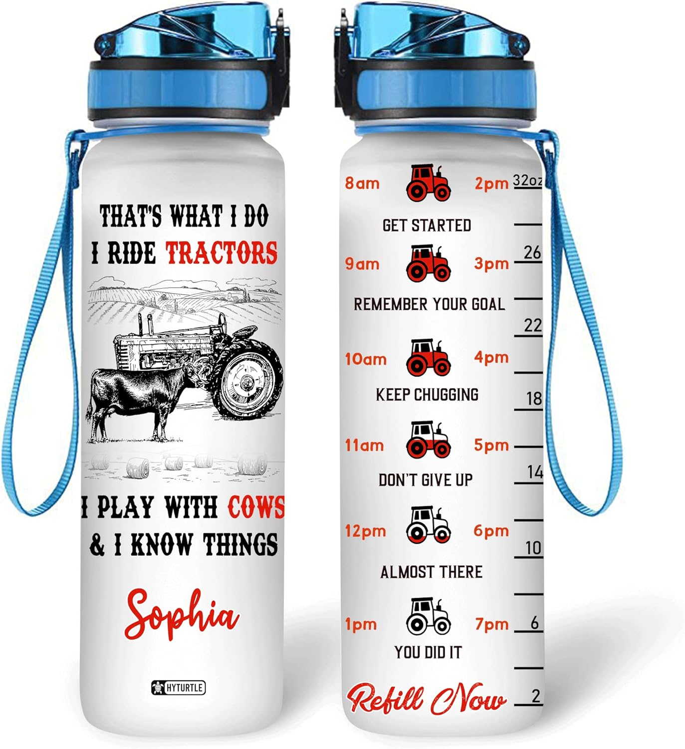Tractor & Cow Theme Water Bottle Tracker 32oz – Personalized Motivational Hydration Bottle – Fun Gift for Farm Lovers