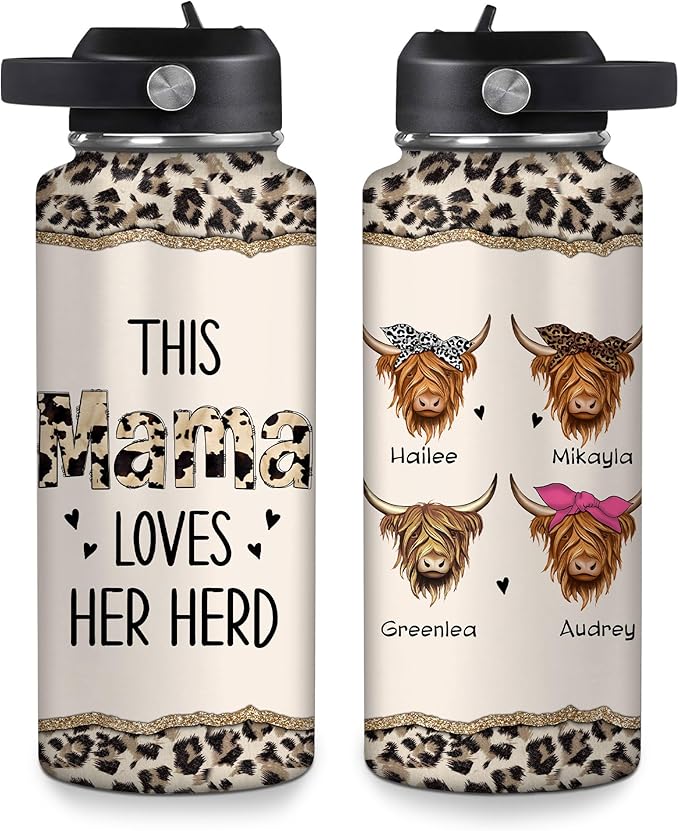 “This Mama Loves Her Herd” Highland Cow Water Bottle 32oz – Personalized Stainless Steel Insulated Bottle with Leak-Proof Lid – Creative Gift for Farm Animal Lovers