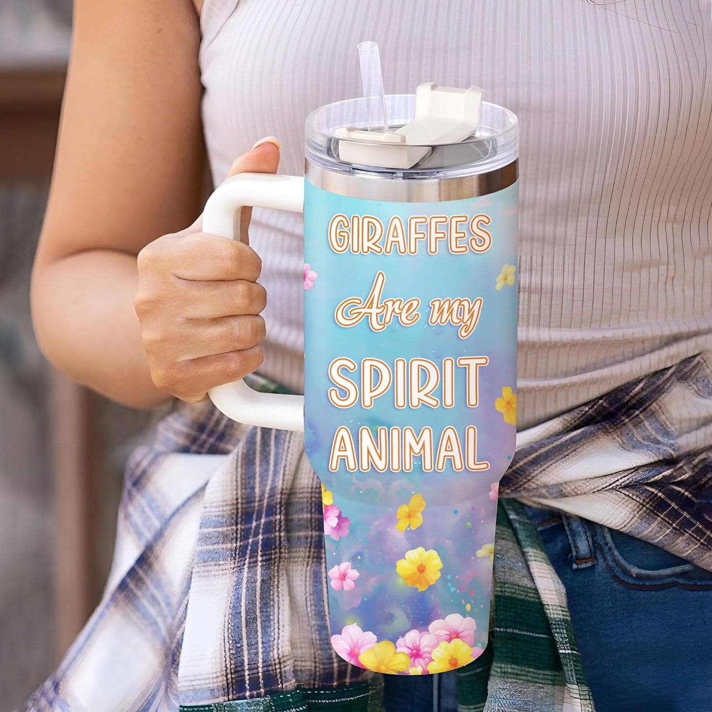 Giraffe Lover Tumbler 40oz with Handle & Straw – Personalized Stainless Steel Insulated Travel Cup with Lid – Cute Birthday Gift for Animal Lovers