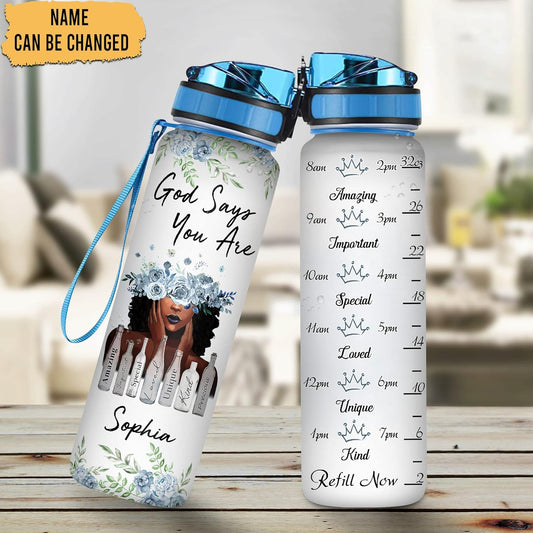 God Says You Are Water Bottle Tracker 32oz – Personalized African American Motivational Bottle with Time Marker – Inspirational Gift for Women